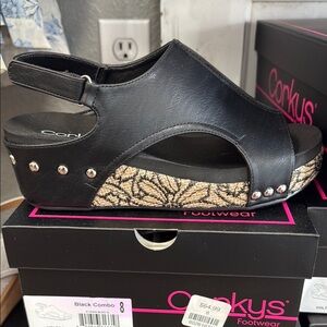 Corkys Black Wedge Sandals